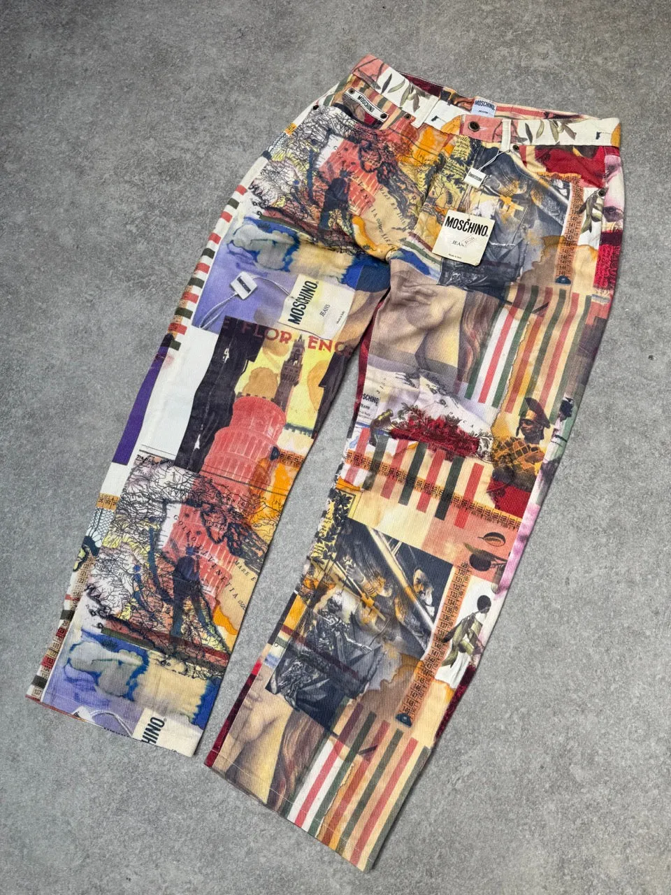 1990s Moschino Tuscany Red Yellow Iconic Logo Trousers SC: 5782