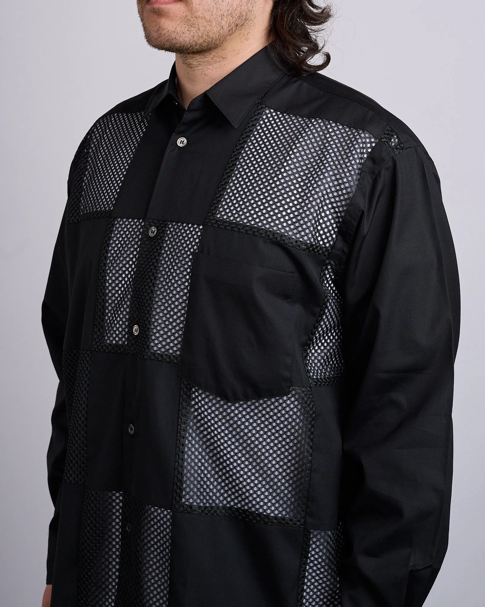 COMME des GARONS HOMME Plus Cotton Broad Poly Mesh Button Shirt Black