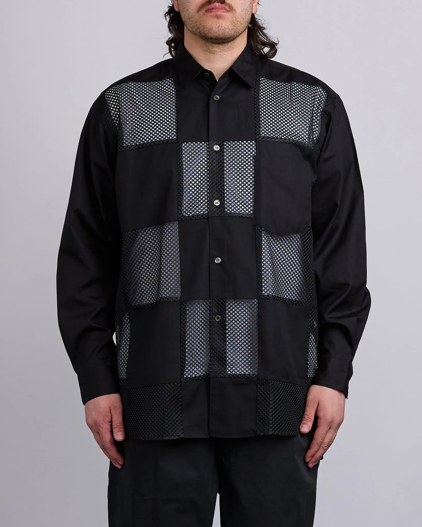 COMME des GARONS HOMME Plus Cotton Broad Poly Mesh Button Shirt Black