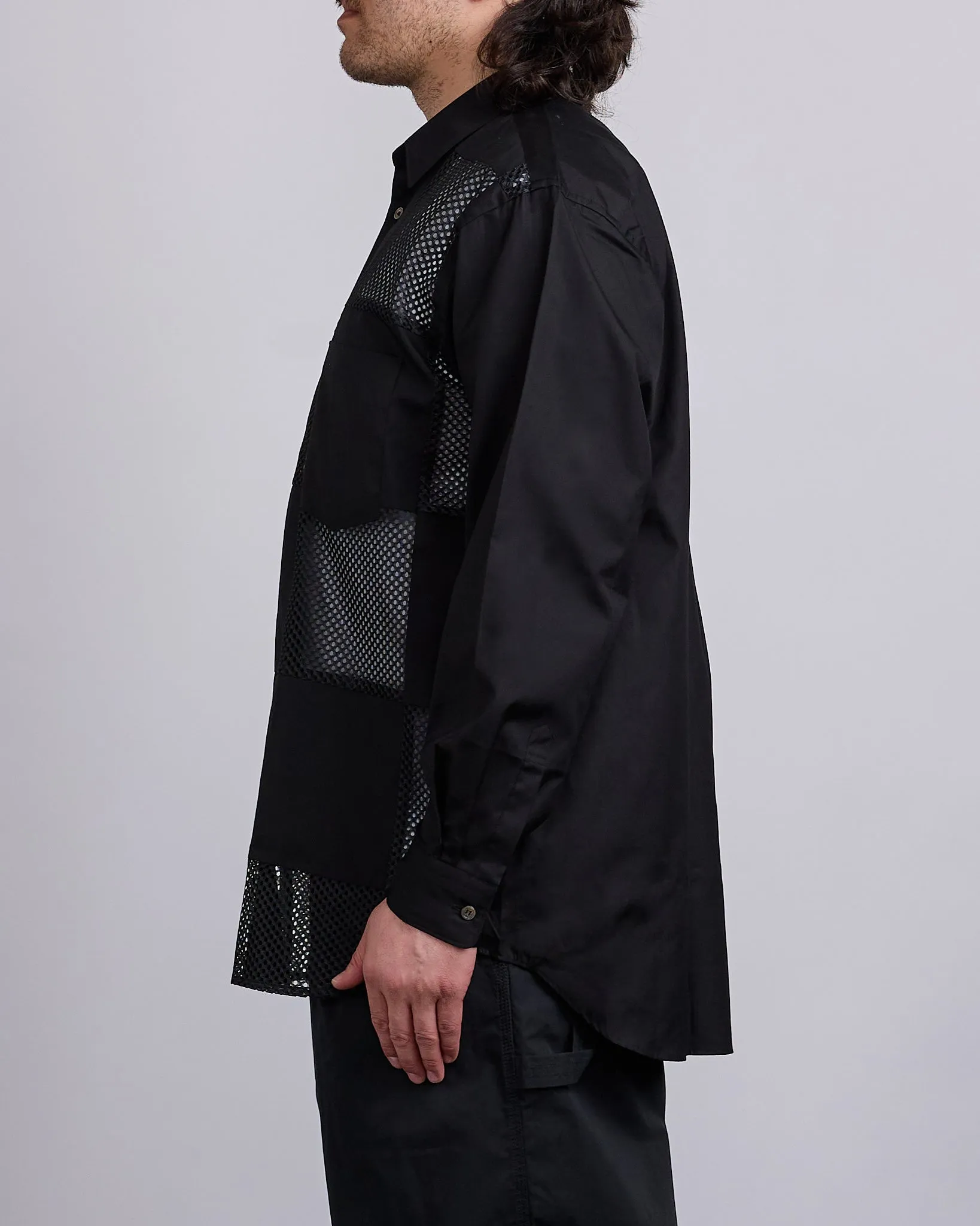 COMME des GARONS HOMME Plus Cotton Broad Poly Mesh Button Shirt Black