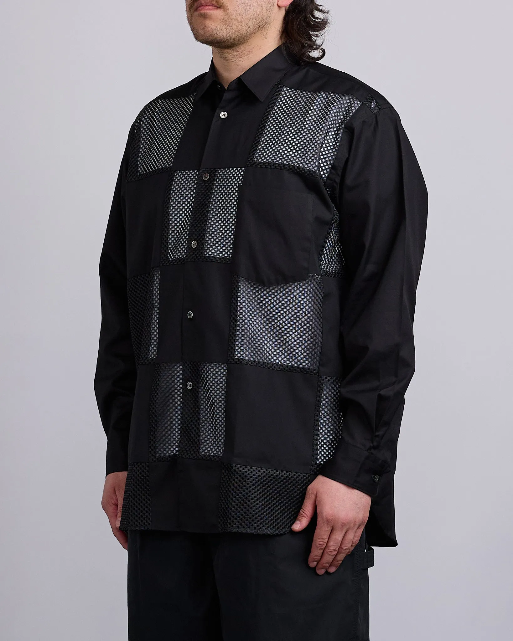 COMME des GARONS HOMME Plus Cotton Broad Poly Mesh Button Shirt Black