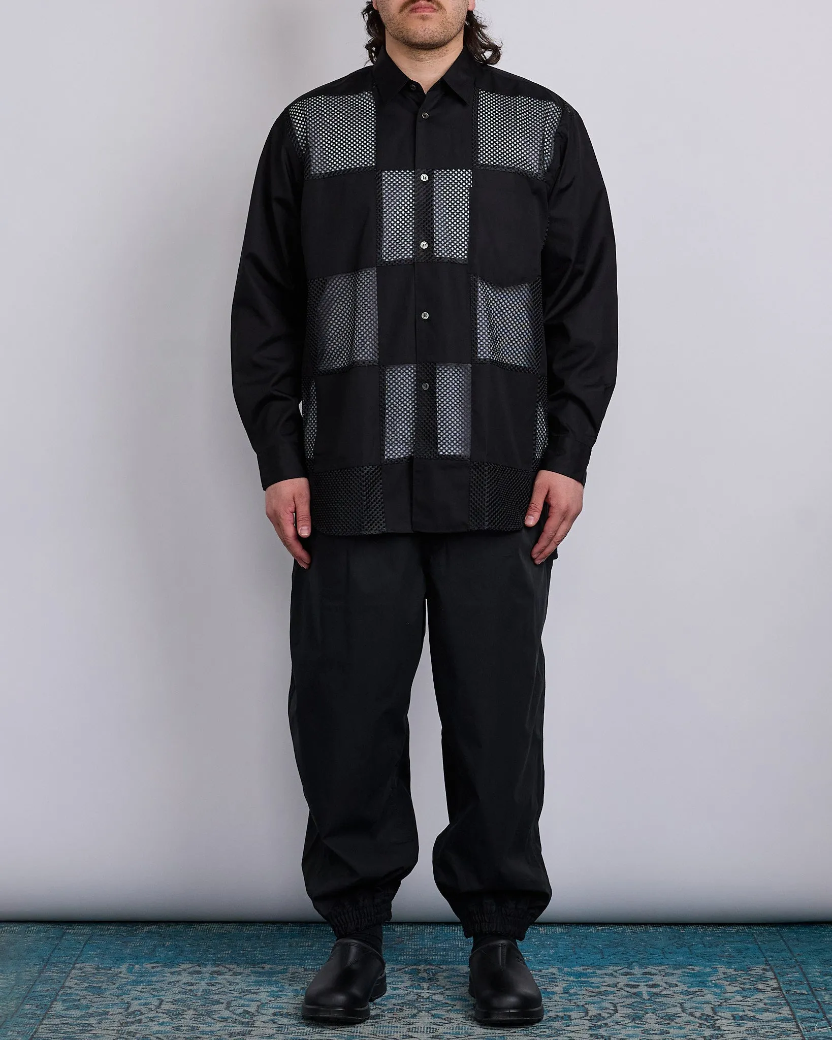 COMME des GARONS HOMME Plus Cotton Broad Poly Mesh Button Shirt Black