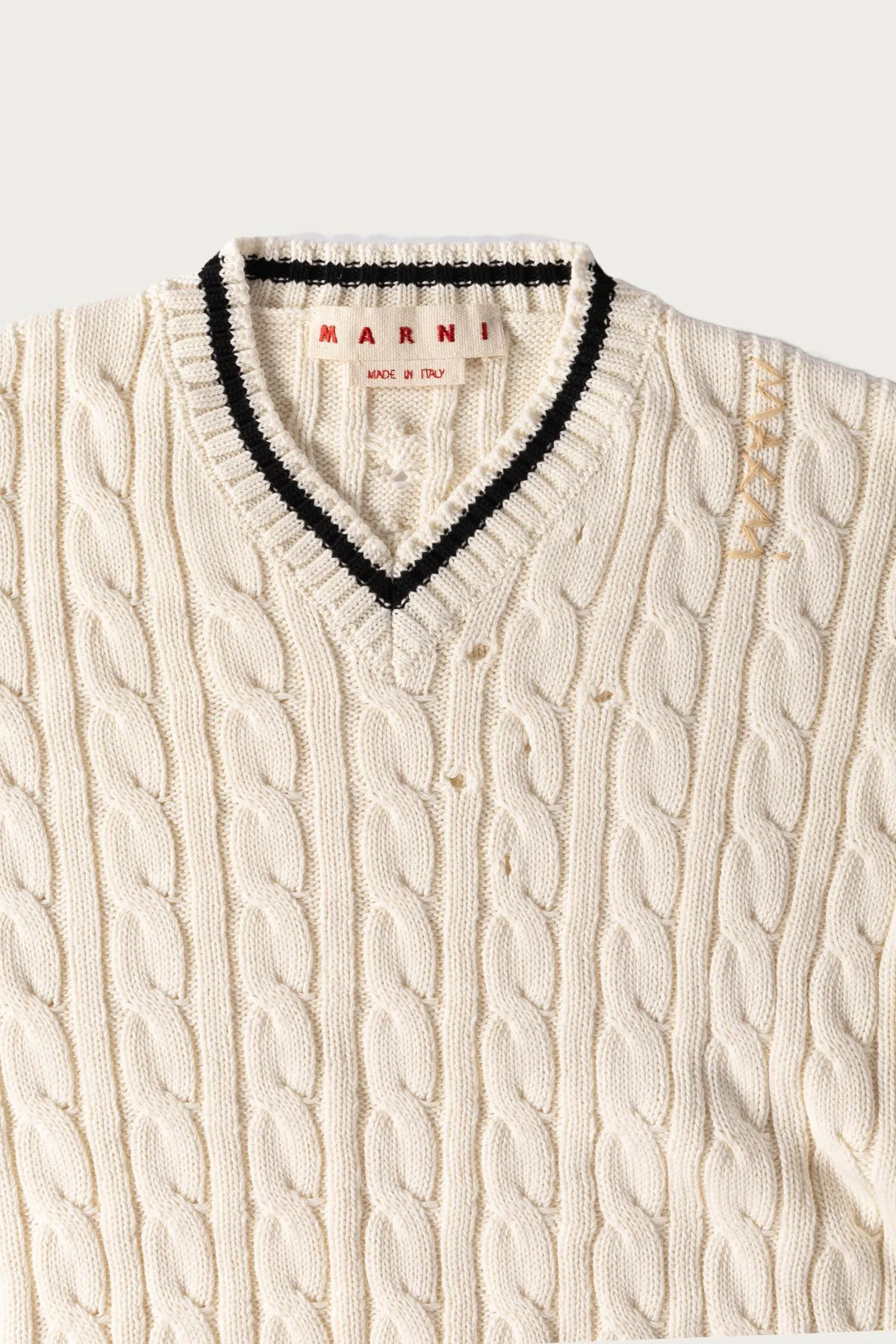 Disheveled Cotton 5G V Neck Sweater - Natural White
