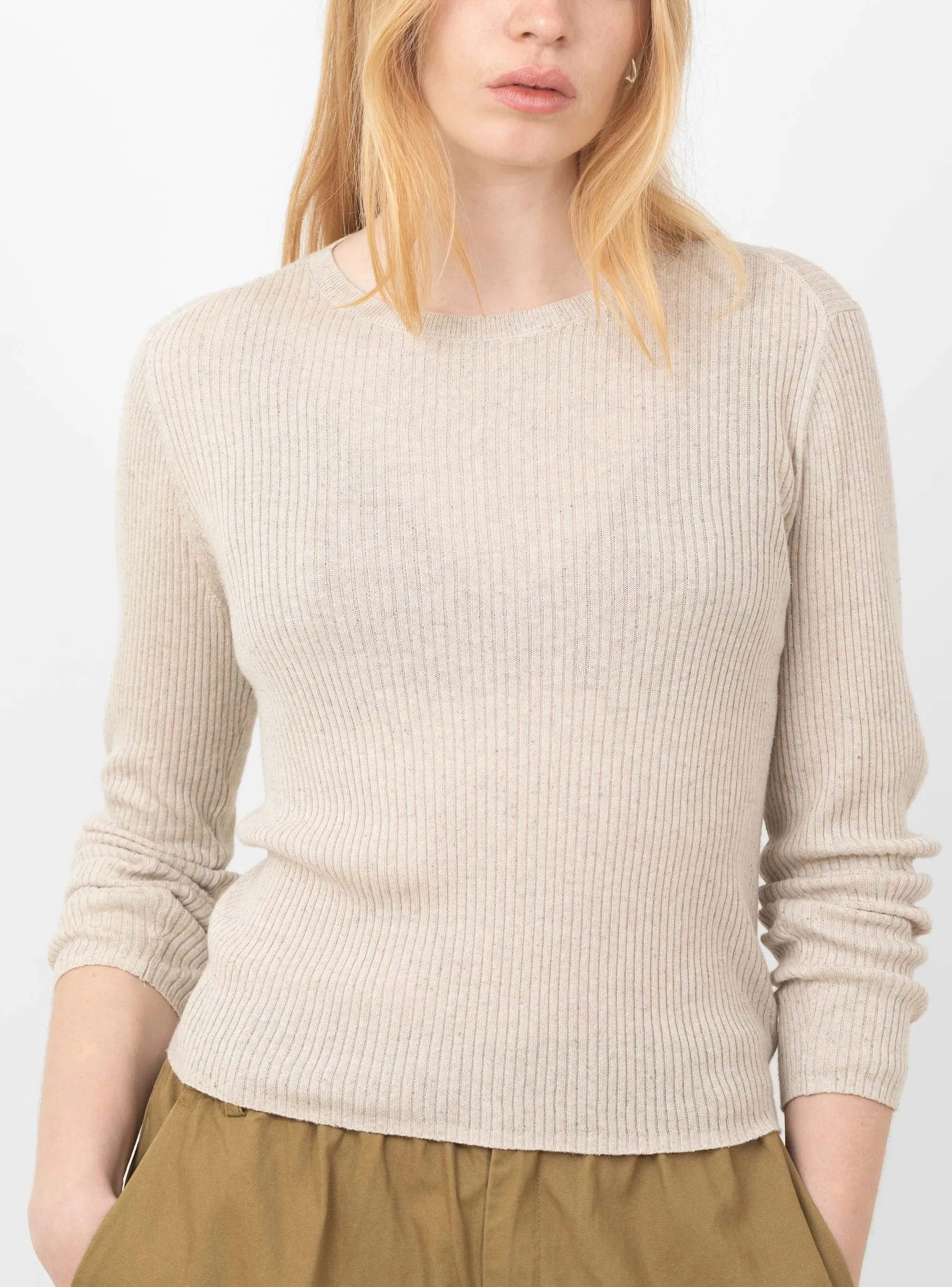 Long Sleeve Ribbed Fine Knit. Sand Beige