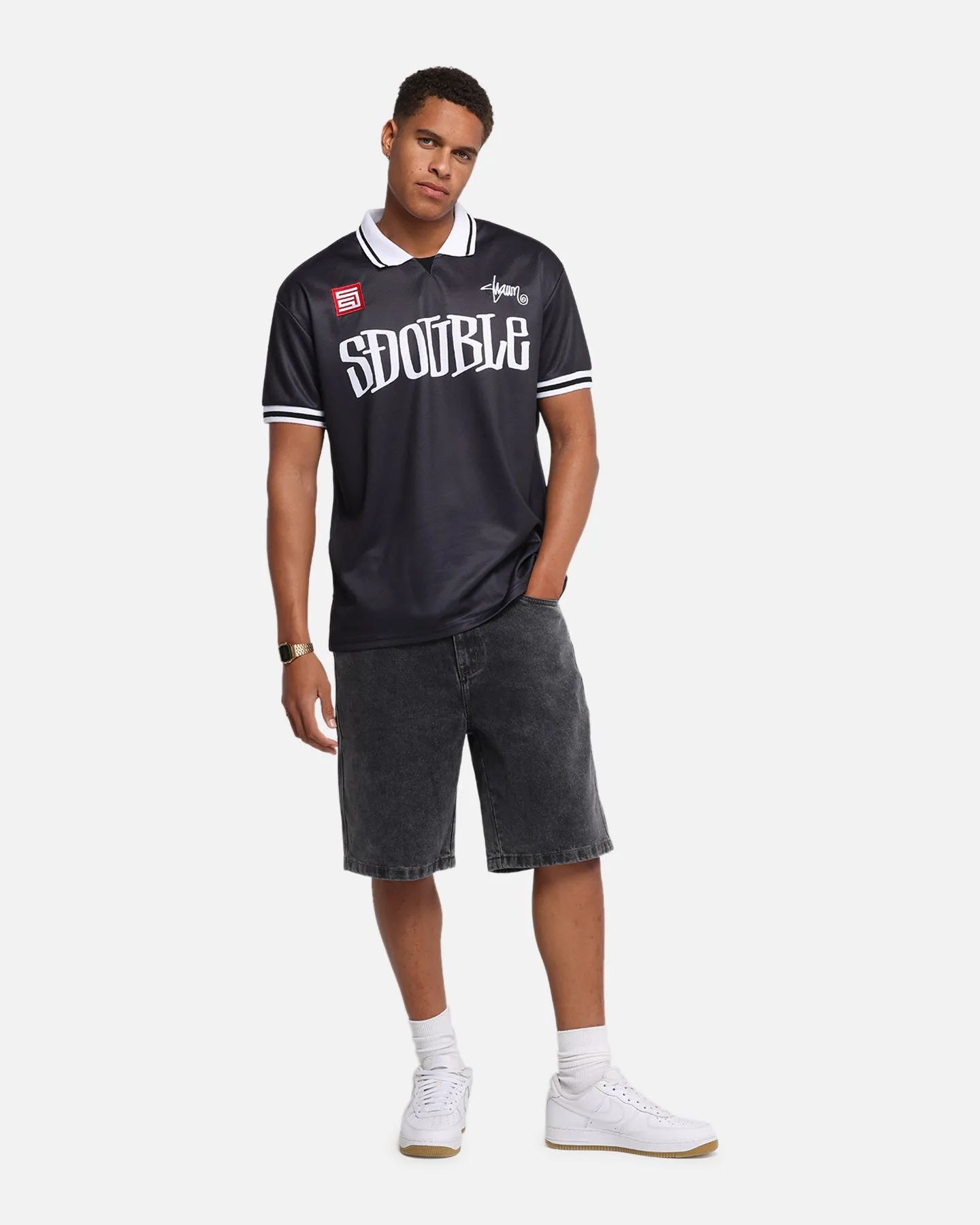 S Double Football Jersey Solid Black
